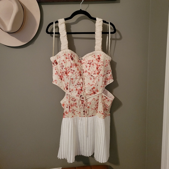 Asos Twill Corset Mini Dress With Lace Up & Pleated Skirt Floral Pink White 14 - Picture 8 of 16